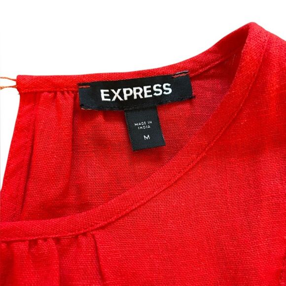 Express Linen Blend Blouse Ruffle Short Cap Sleeve Womens Medium Red Orange - Picture 8 of 12